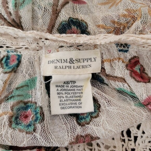 Ralph Lauren Denim & Supply Boho Floral Top XS Lace Trim Flutter Sleeves Scoop - Picture 7 of 7